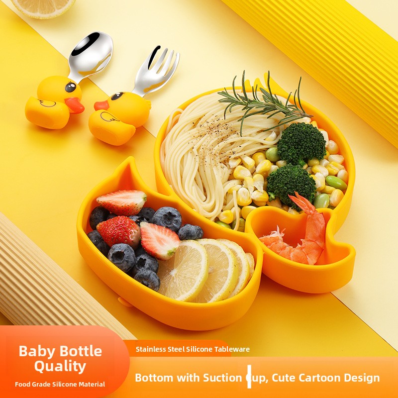 Baby Food Apron - Yellow Duck Silicone Stainless Steel Children's